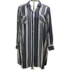 Merona Striped Button Front Shirt Dress Breast Pockets Dark Blue & Gray XL