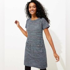 LOFT Tweed Textured Blue Shift Dress with Front Pockets