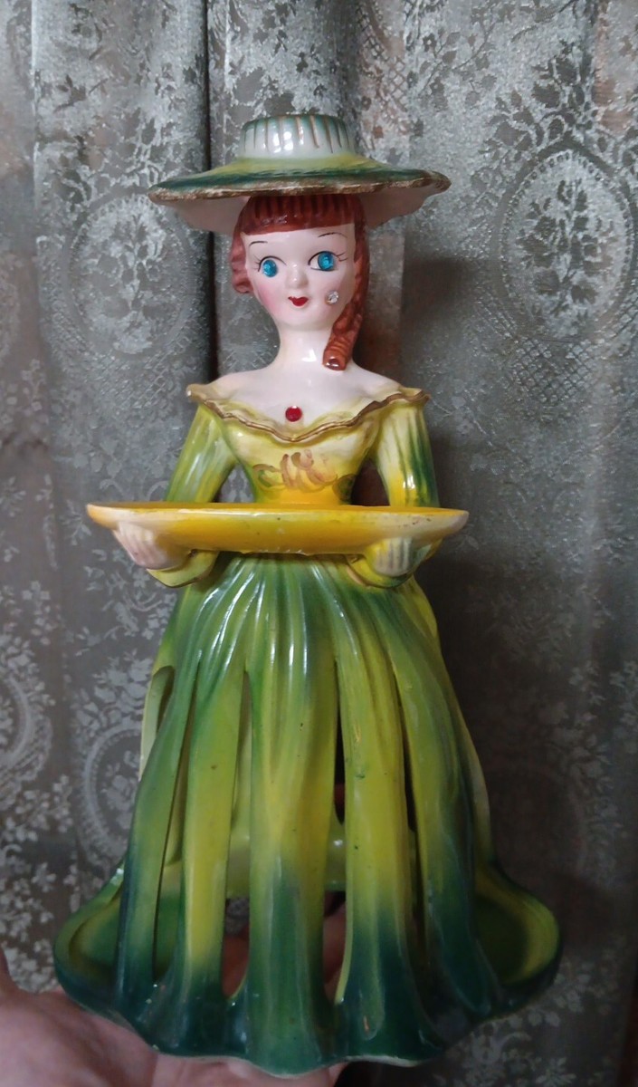 Vintage Kreiss Ceramic Green Lady Candle Napkin Toothpick Holder