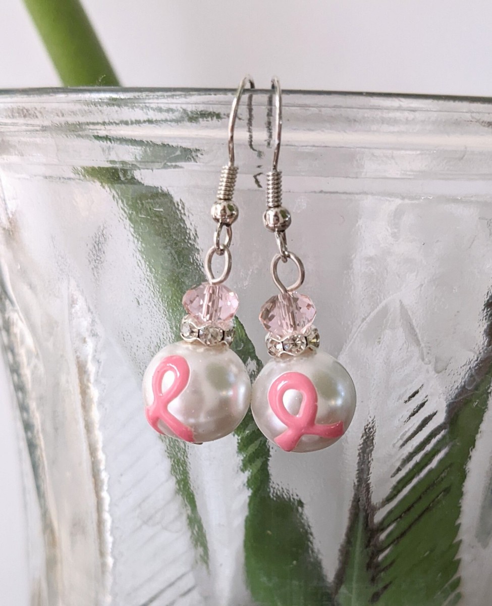 Pink Ribbon Breast Cancer Awareness Earrings - Hypoallergenic Beaded Drop Earrings For Support