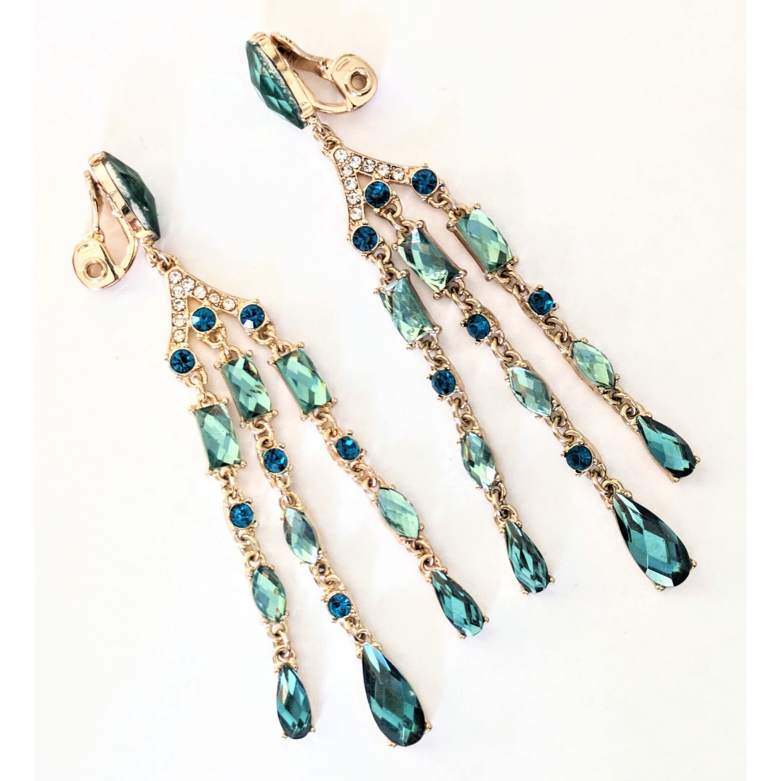 TJG NAPIER Gold Tone Green Blue Crystal Rhinestone Chandelier Clip On