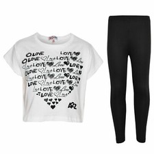 Kids Girls Top Love Print Stylish White Crop Top  Fashion Legging Set 5-13 Year