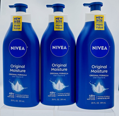 Lot of 3 NIVEA Original Moisture Body Lotion 20oz Vitamin E 48Hr Dry Skin