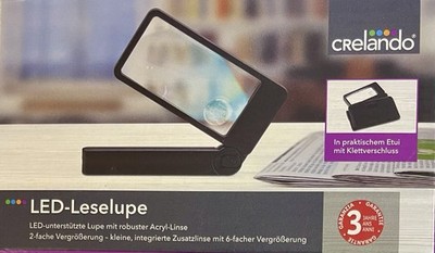 Crelando LED-Leselupe, 2x und 6x Fach Vergrößerung in Etui mit Klettverschluss