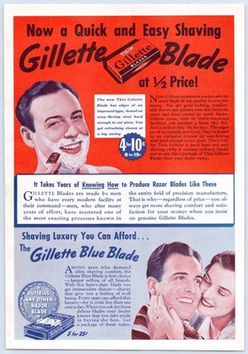 Gillette Thin Blade Blue Blade Razor Shaving Half Price 4 for 10c 1939 Print Ad
