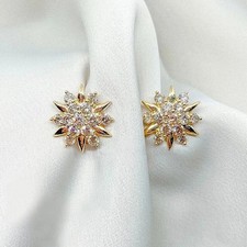 1Ct Round Cut Real Moissanite Women Flower Stud Earrings 14k Yellow Gold Plated
