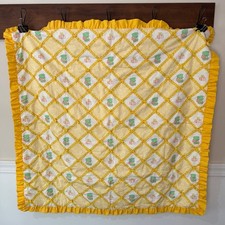 Vintage Handmade Baby Quilt Crib Blanket Yellow Teddy Bear ABC Ruffle Trim 45"