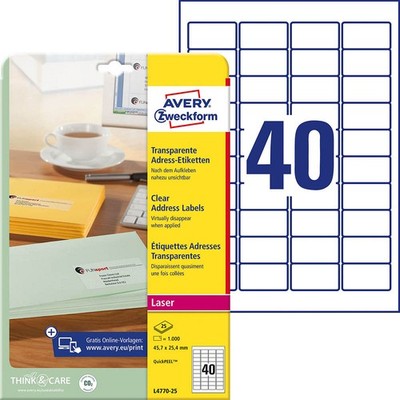 AVERY Zweckform Folien-Adressetiketten L4770-25 transparent 45,7 x 25,4 mm,...
