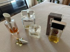 Lot de cinq flacons de parfum vides. Pour collection. Mugler, M. Mara, Rabanne