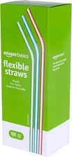 Amazon Basics Disposable Striped Plastic Flex Straws, 7.5" Long, Assorted Color