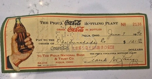 1943 Vintage Coca Cola Bottling Coke Soda Check to The Sunshade Rare!