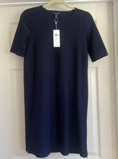 NWT Eileen Fisher Washable Stretch Crepe Jewel Neck Dress Blue Midnight XXS