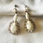 Vintage White Milk Glass & Rhinestone Drop Dangle Earrings Gold Tone Bridal