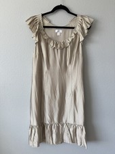 LOFT Champagne Ruffle Sleeve Knee Length Rayon Shift Dress S 10 Old Money Chic 