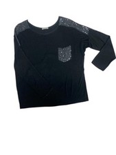 Black Long Sleeve Top with Sequin Pocket and ...