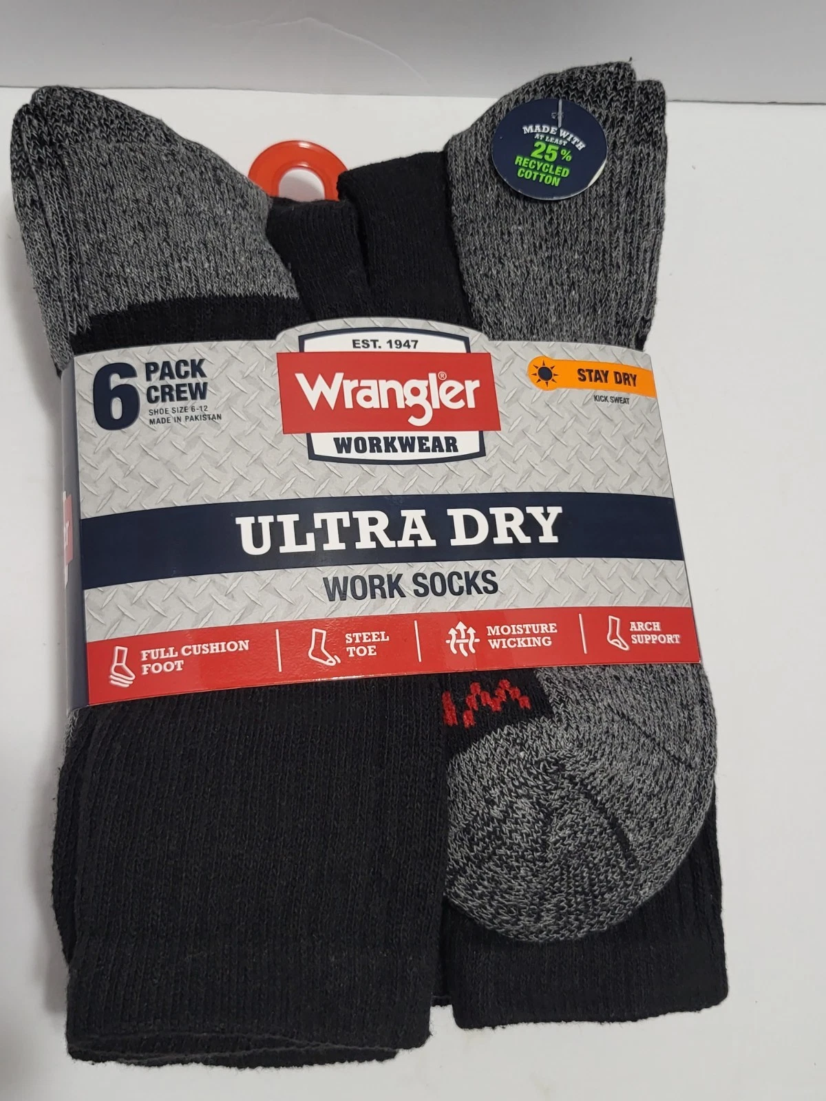 Ultra Dry Work Socks Wrangler Mens Cushion Crew Size 6-12 6 Pair Steel Toe