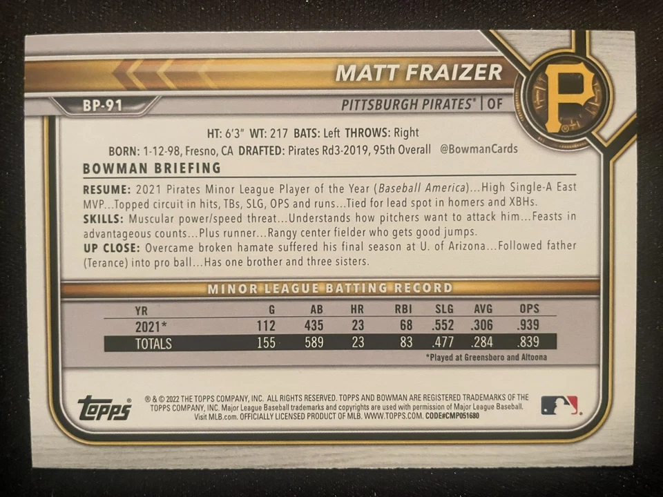 Matt FRAIZER 2022 Bowman Prospect First #BP-91 Pittsburgh Pirates - Image 2 of 2