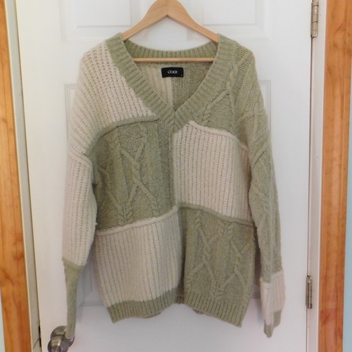 Cider Oversized Chunky Knit Sweater Patchwork Cable Knit V Neck Pullover Small