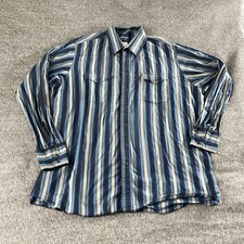 Wrangler Western Shirt Blue Striped Long Sleeve Pearl Snap Cowboy Mens Measured