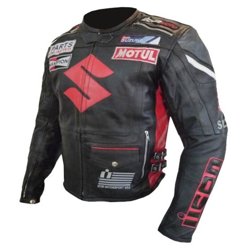 Suzuki ICON Motorcycle Leather Jacket Black Armoured Motorbike Biker Racing Coat - Picture 2 of 12