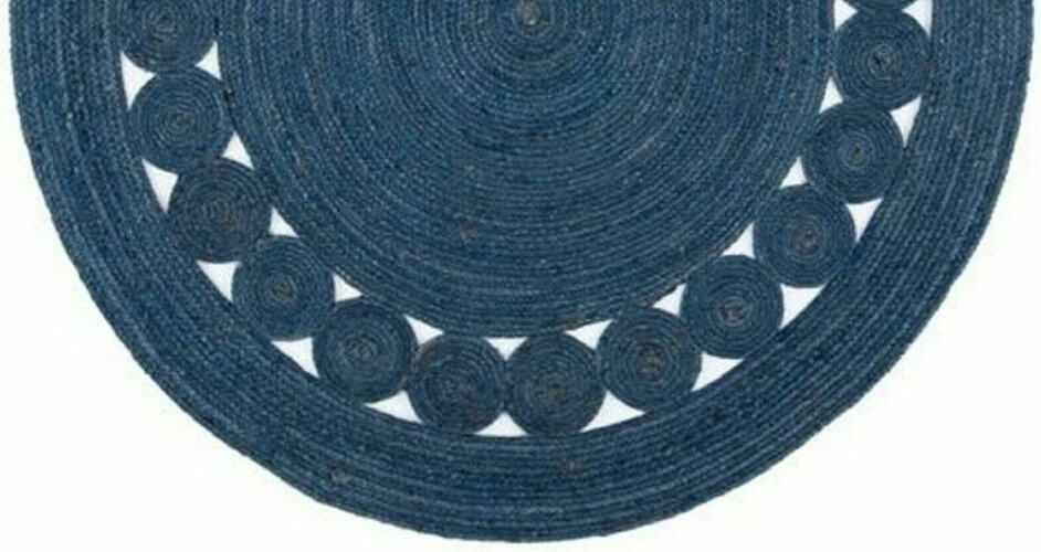 Blue Jute Braided Round Rug Handwoven Natural Area Carpet Boho Coastal Decor Mat - Image 3 of 4