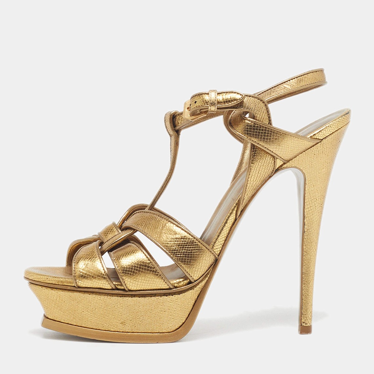 Saint Laurent Tribute Size 39 Gold Lizard Embossed Leather