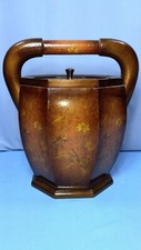 Painted Chinese Wedding Basket Lacquered Wood Bamboo Bucket Handle  Monkey 13"