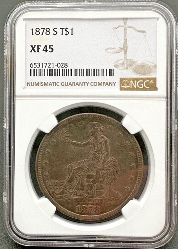 1878 S $1 Silver Trade Dollar NGC Extra Fine 45, Beautifully Toned Coin