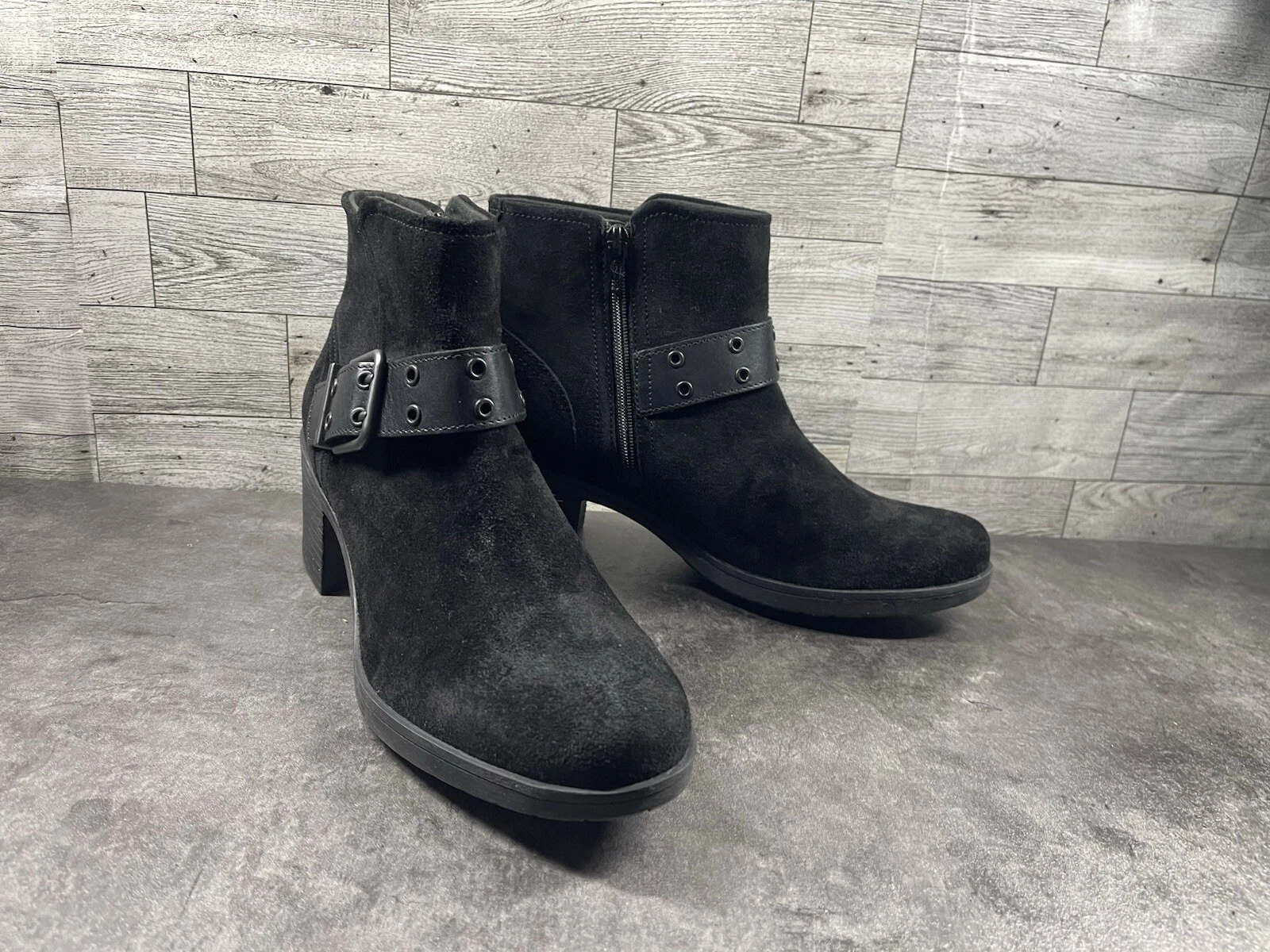 Clarks Stivali Donna 9M Hollis Star Scarpe Nero Scamosciato Cinturino Stivaletti Moto