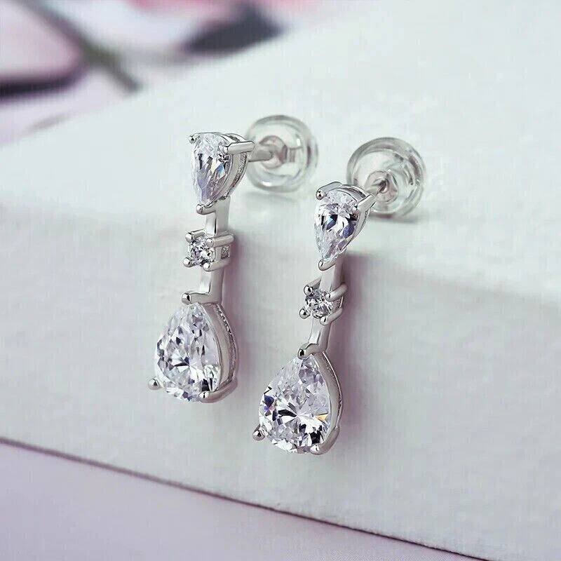 Beautiful 2.00 Ct Pear Cut Diamond Drop & Dangle Earrings 14k White Gold Finish - Image 3 of 4