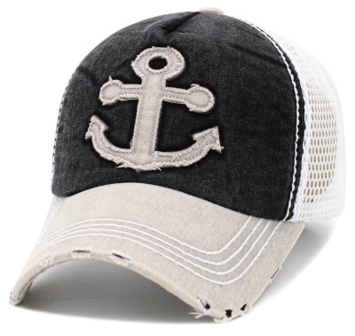 Vintage Nautical Anchor Mesh back Black, White & Gray Adjustable Hat by KB Ethos