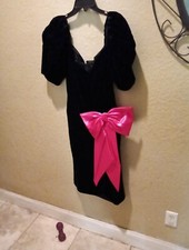 Vintage Sweetheart Dress '80s Velvet Puffy Sleeves Beautiful Pink Bow On...USA