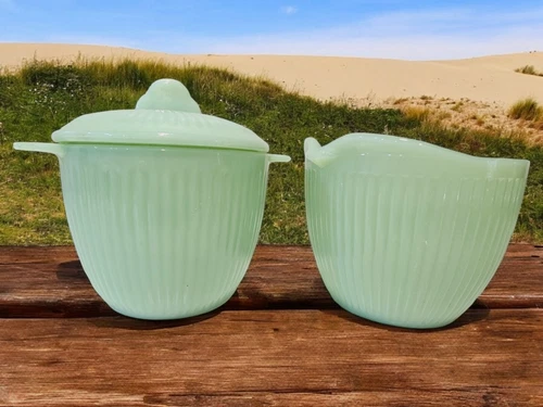 Fire King Jadeite Jane Ray Sugar Bowl with Lid and Creamer Vintage
