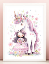 Unicorn Wall Art Print, Unicorn and Girl Print, Kids Room, Wall Art Decor 874