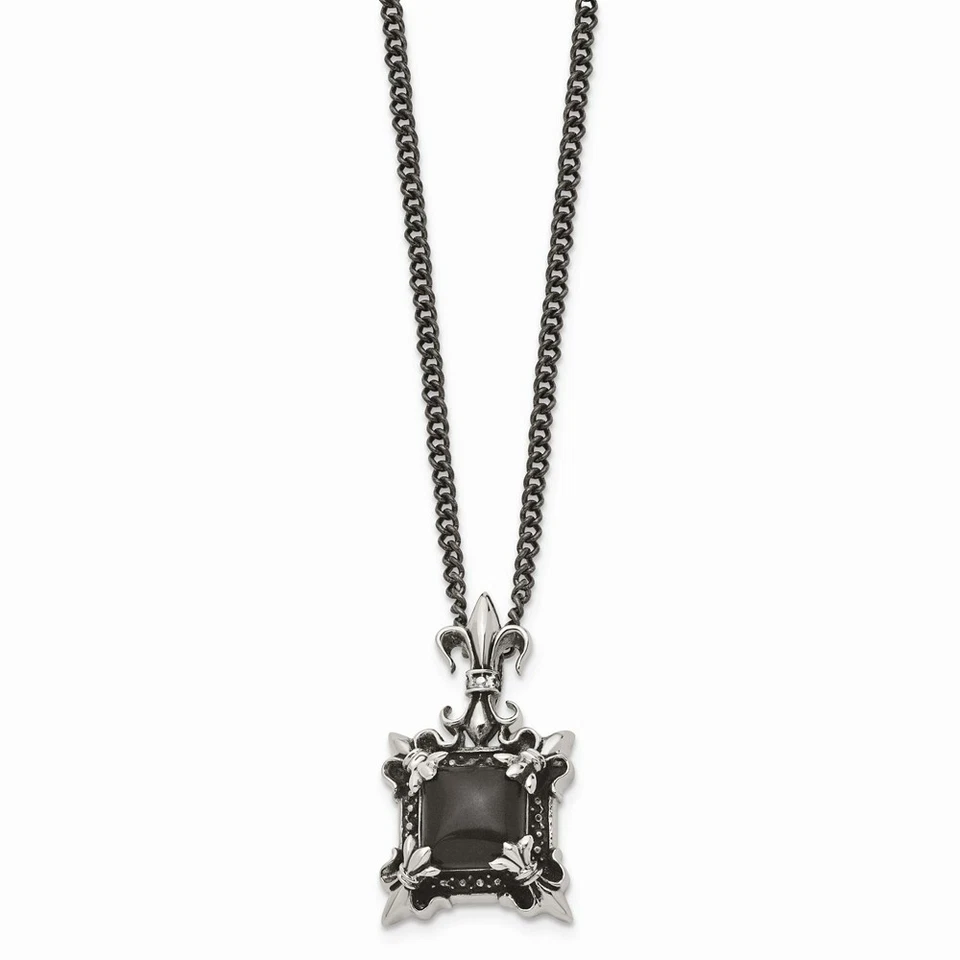 Stainless Steel Antiqued & Black Agate & Fleur de lis Necklace - Image 3 of 4