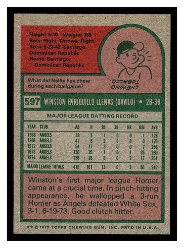 1975 TOPPS MINI BASEBALL WINSTON LLENAS #597 CALIFORNIA ANGELS HIGHER GRADE - Picture 2 of 2