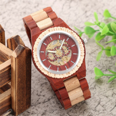 Men's Self-wind Mechanical Wrist Watch Wooden Bezel with Full Wood Bracelet Band