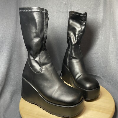 Steve Madden Proceed Wedge Platform Boot W 8.5 Pull On MidCalf Blk Moto Lug Goth