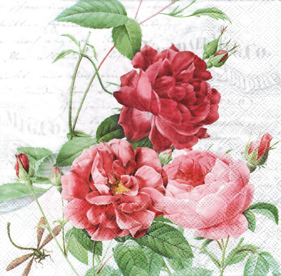 4 lose Lunch Servietten Napkins Blumen Flowers Fleurs Roses Vintage