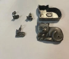 Kitty Cat Brooch Pin, Pendant, Earrings & Jewelry Box Set * Pewter * by Torino