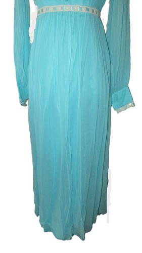 Vtg 60s Baby Blue White Lace Chiffon Maxi Mock Bishop Sleeve Gown Buttons ribbon - Picture 4 of 24
