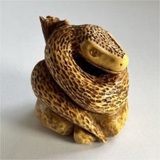 Handcrafted Netsuke - Snake on a Rock - Boxwood & Baltic Amber