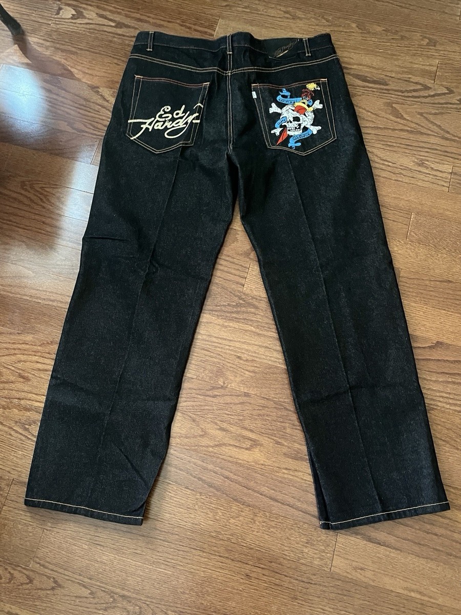 Ed Hardy by Christian Audigier Embroidered Skull Denim Jeans Sz 42