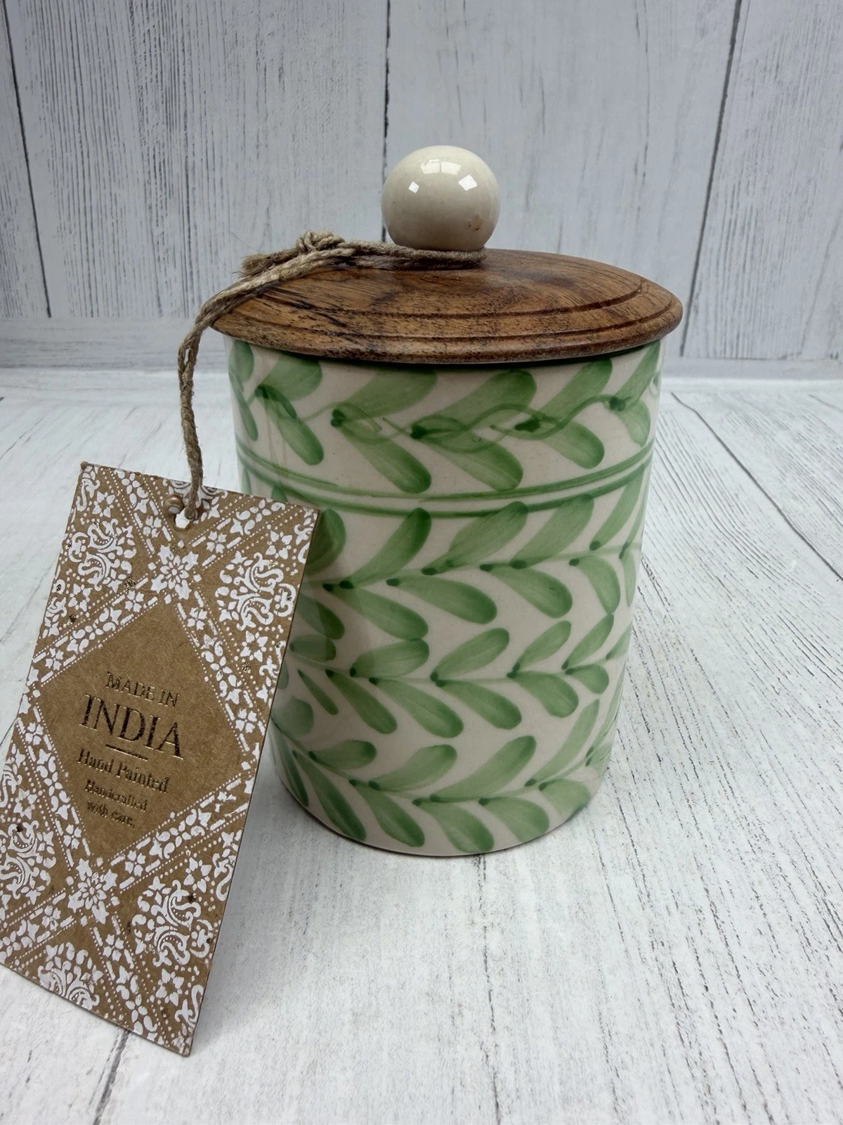 Hand Painted Green Stoneware Canister Botanical Vine Acacia Wood Lid India Decor