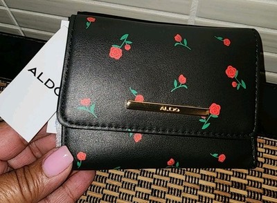 ALDO Logos Black Small Trifold Bills / Currency ID's Wallet Red Roses NWT Rare!