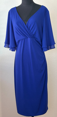 Connected Apparel Blue Faux Wrap Dress Sz 14 Flutter Sleeve Ruched Midi Cocktail