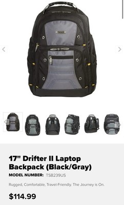 Targus Drifter II 17'' Laptop Backpack Black Gray Nylon Padded TSB239US