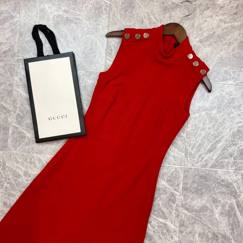 Abito GUCCI senza maniche collo alto XS rosso argento bottoni