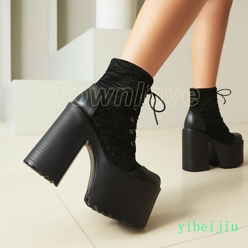 Women Super High Block Heel Platform Thick Sole Ankle Boots Lace Up Knight Shoes - Bild 10 von 26