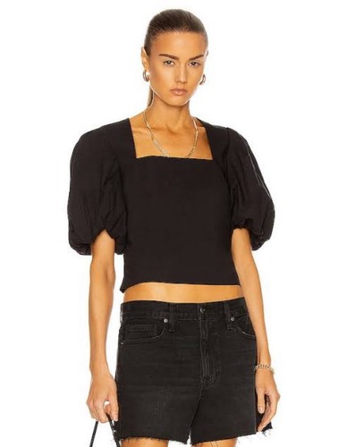Frame Black Nine Square Neck Puff Sleeve Cropped Top Size S - Picture 3 of 8